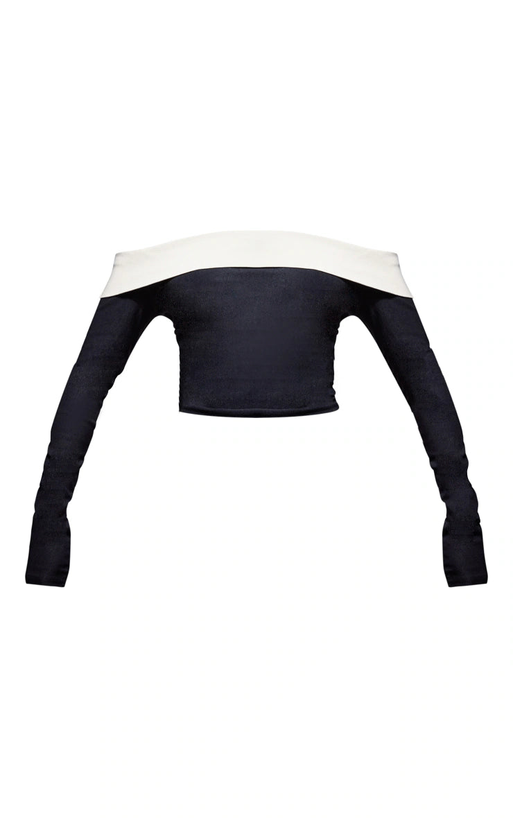 Black Stretch Woven Fold Over Detail Bardot Long Sleeved Top