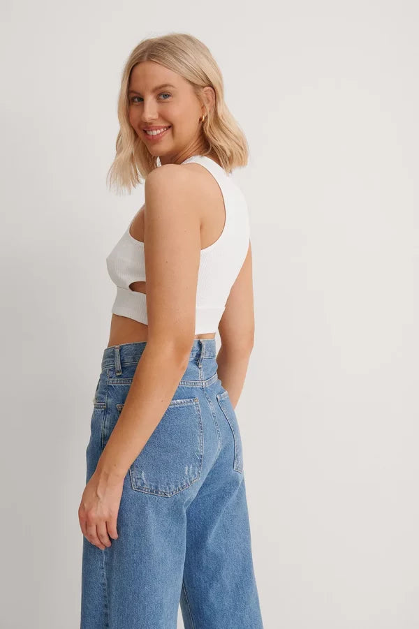 Cut Out Ribbed Top White