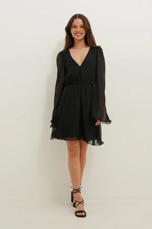 Recycled Wide Sleeve Chiffon Mini Dress Black