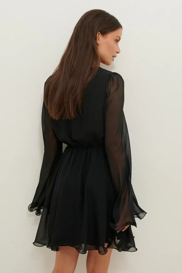 Wide Sleeve Chiffon Mini Dress Black