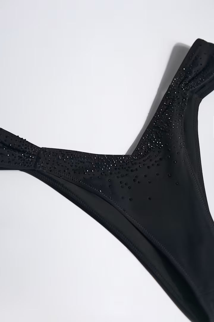 OhPolly - Embellished Ruched Cheeky Bikini Bottoms in Black
