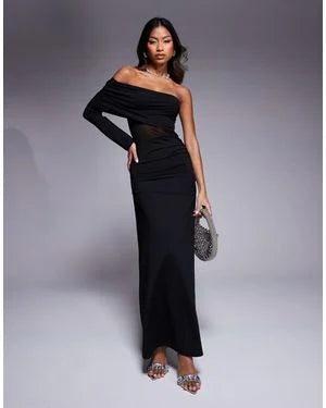 ASOS DESIGN asymmetric one shoulder maxi dress with mesh cut out in black