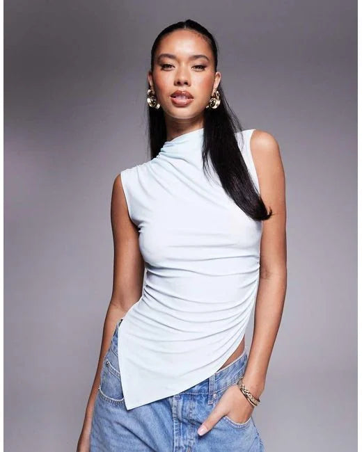 ASOS DESIGN grown on high neck gathered asymmetrical hem top in pastel blue