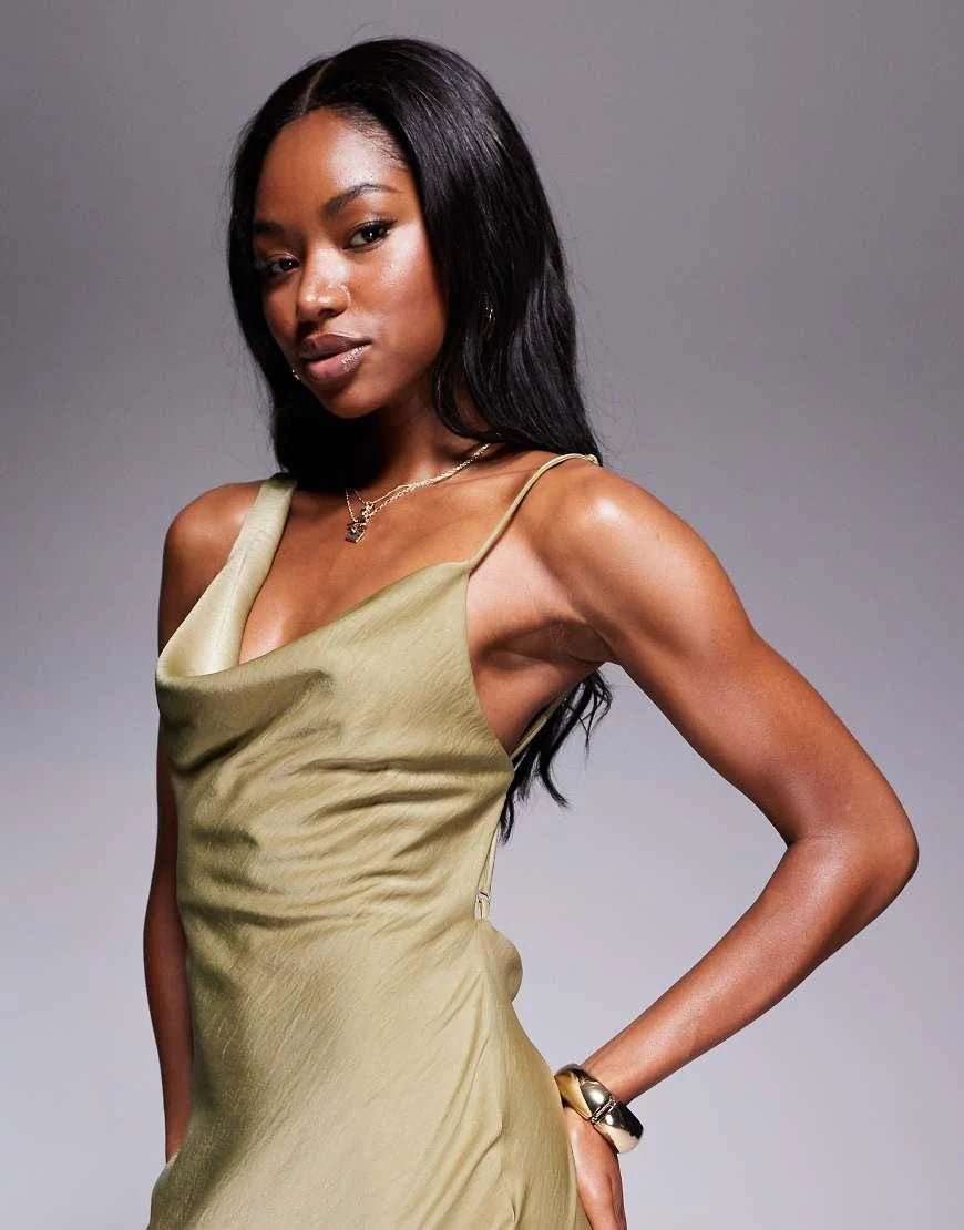 Asos - satin asymmetric strap midaxi dress in green