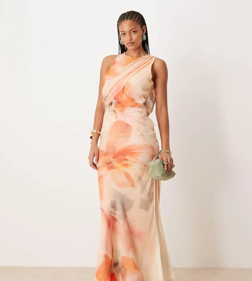 ASOS Asos Design Tall Textured Chiffon Draped Bias Maxi Dress in Pink