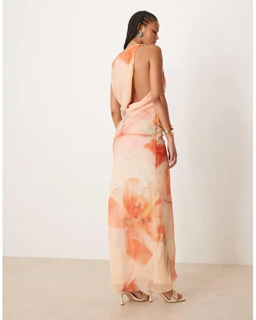 ASOS Asos Design Tall Textured Chiffon Draped Bias Maxi Dress in Pink
