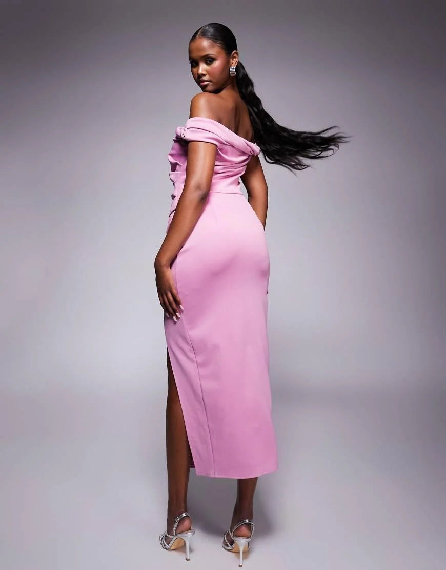 Asos - structured teist bardot bodycon midi dress in lt pink