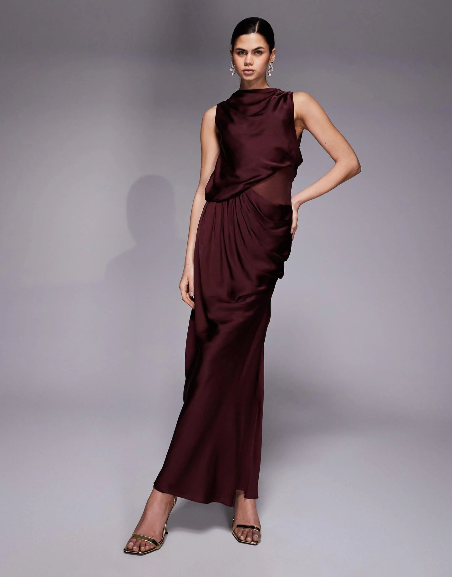 Asos - draped high neck asymmetric satin bodice maxi dress in burgundy