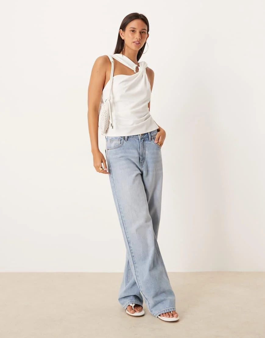 ASOS DESIGN knot detail halter top with trim detail in white