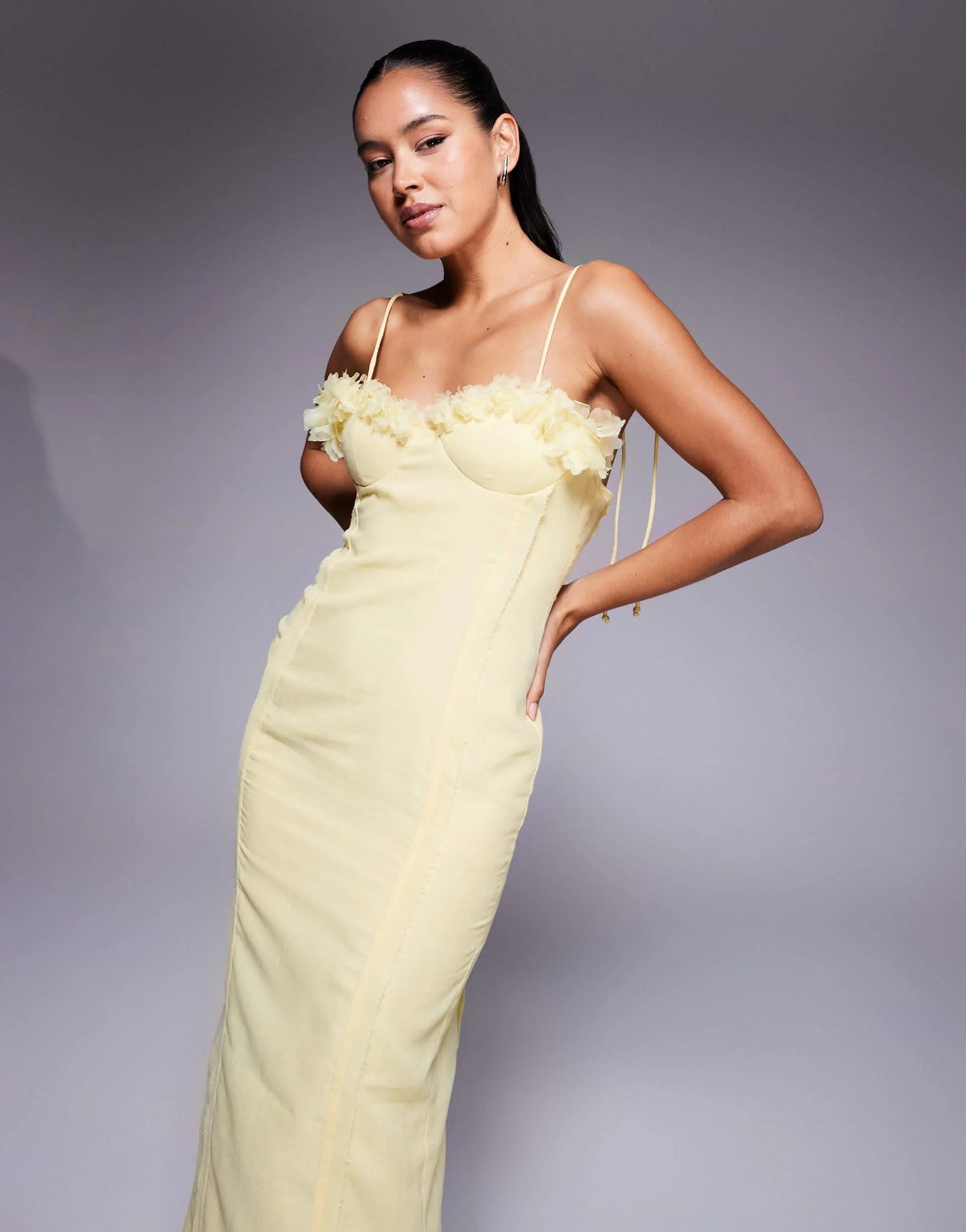 ASOS 3D Floral Bust Corset Linen Look Midi Dress in Yellow