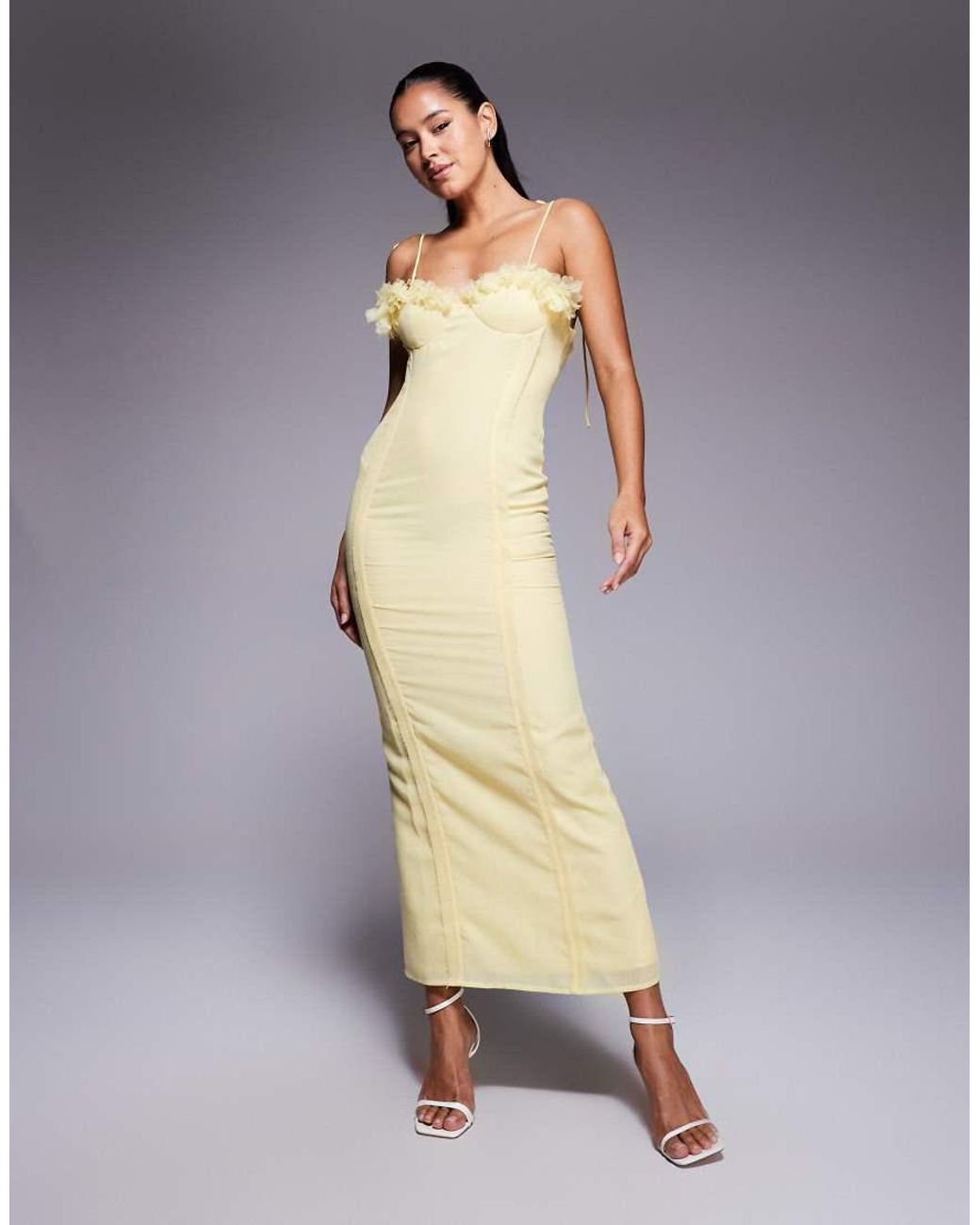 ASOS 3D Floral Bust Corset Linen Look Midi Dress in Yellow