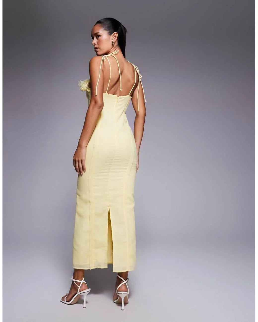 ASOS 3D Floral Bust Corset Linen Look Midi Dress in Yellow