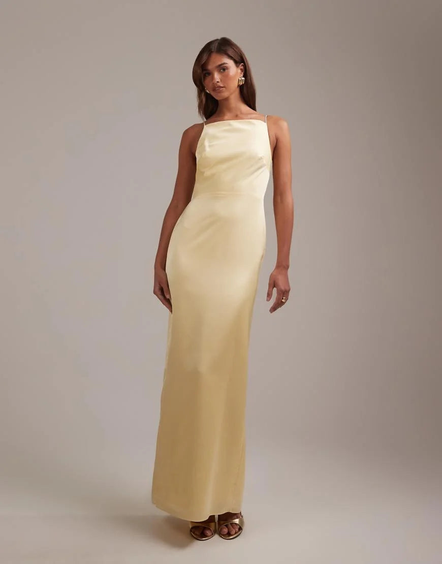 Asos Bridesmaids High Neck Tie Strap Column Maxi Dress yellow