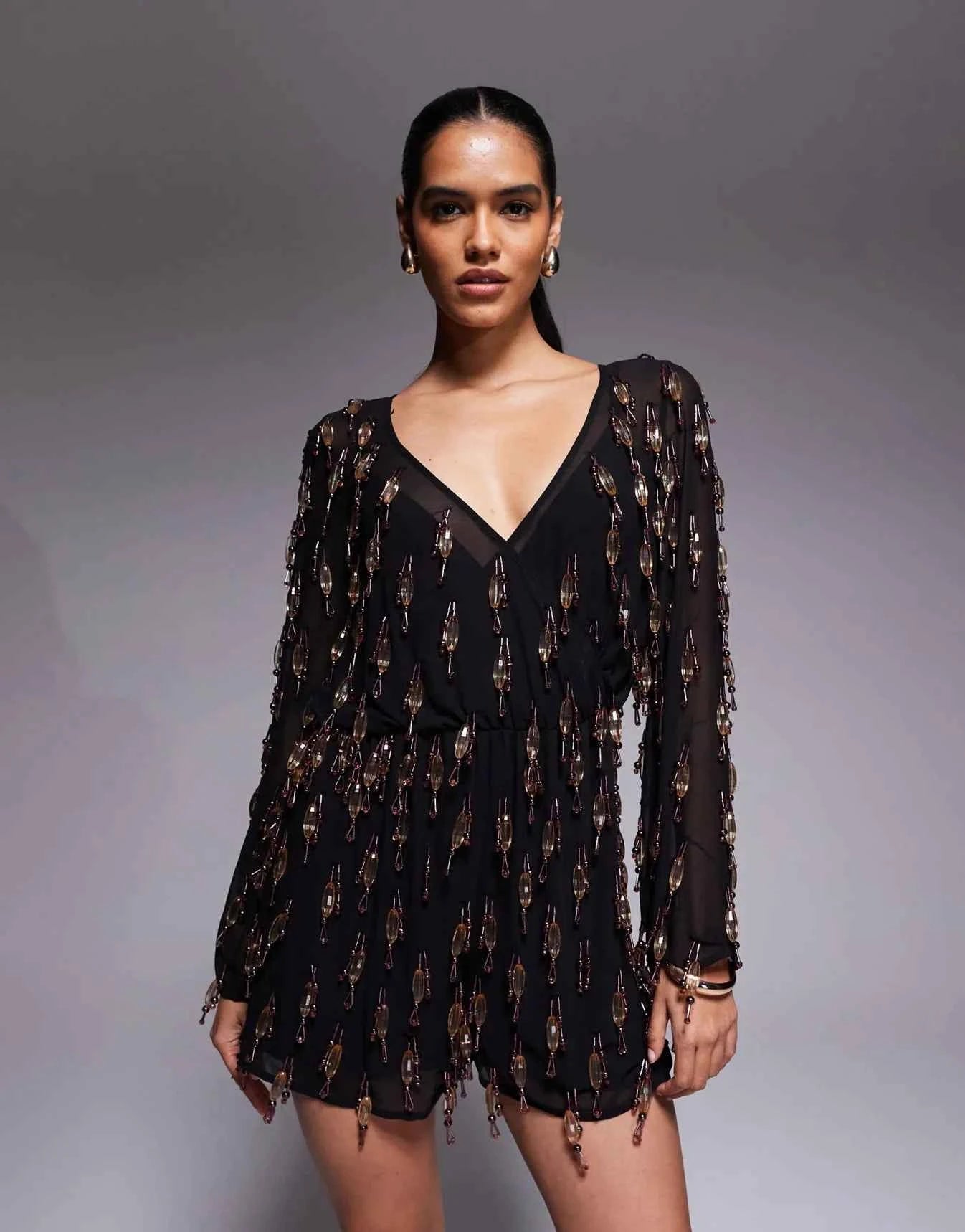 ASOS DESIGN allover embellished playsuit with blouson bodice in black