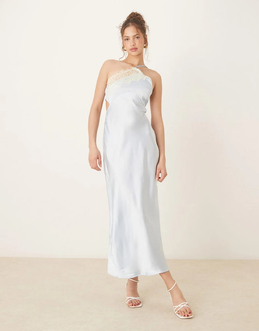 ASOS DESIGN asymmetric strappy lace slip midi dress in pale blue