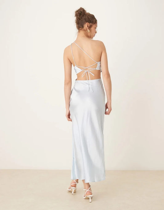 ASOS DESIGN asymmetric strappy lace slip midi dress in pale blue