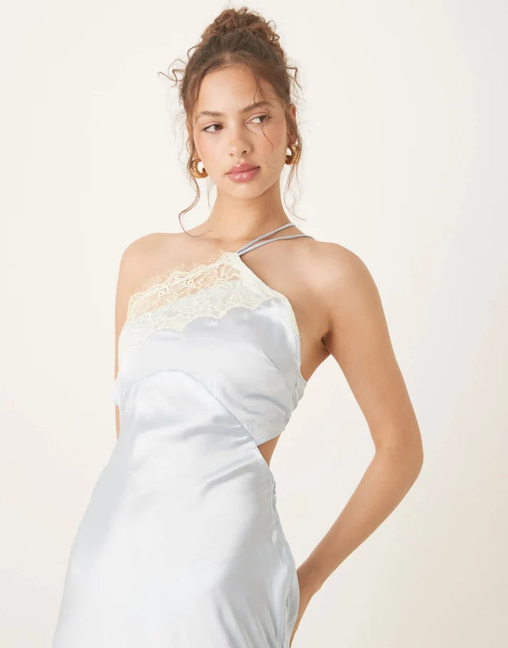 ASOS DESIGN asymmetric strappy lace slip midi dress in pale blue