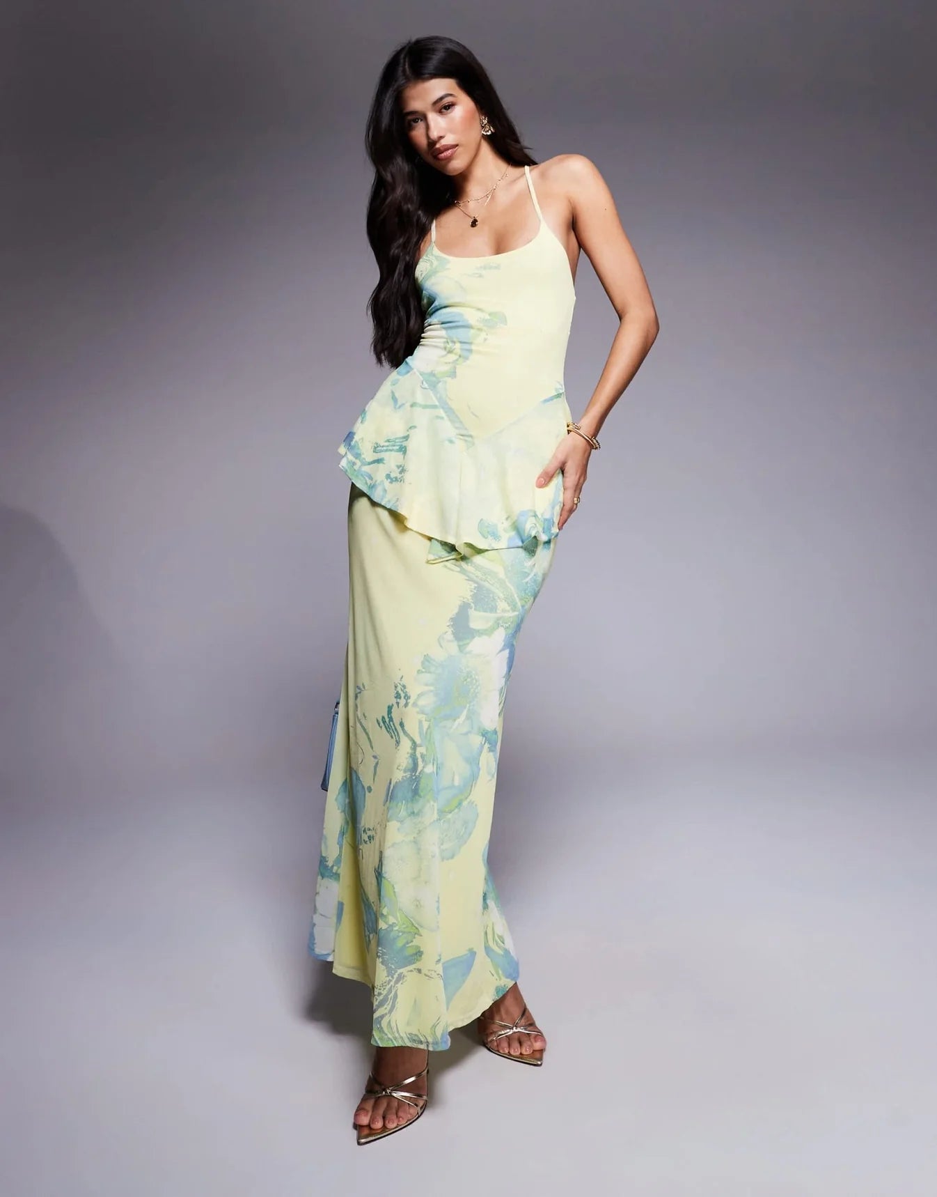ASOS DESIGN cami with peplum detail mesh maxi dress in floral print