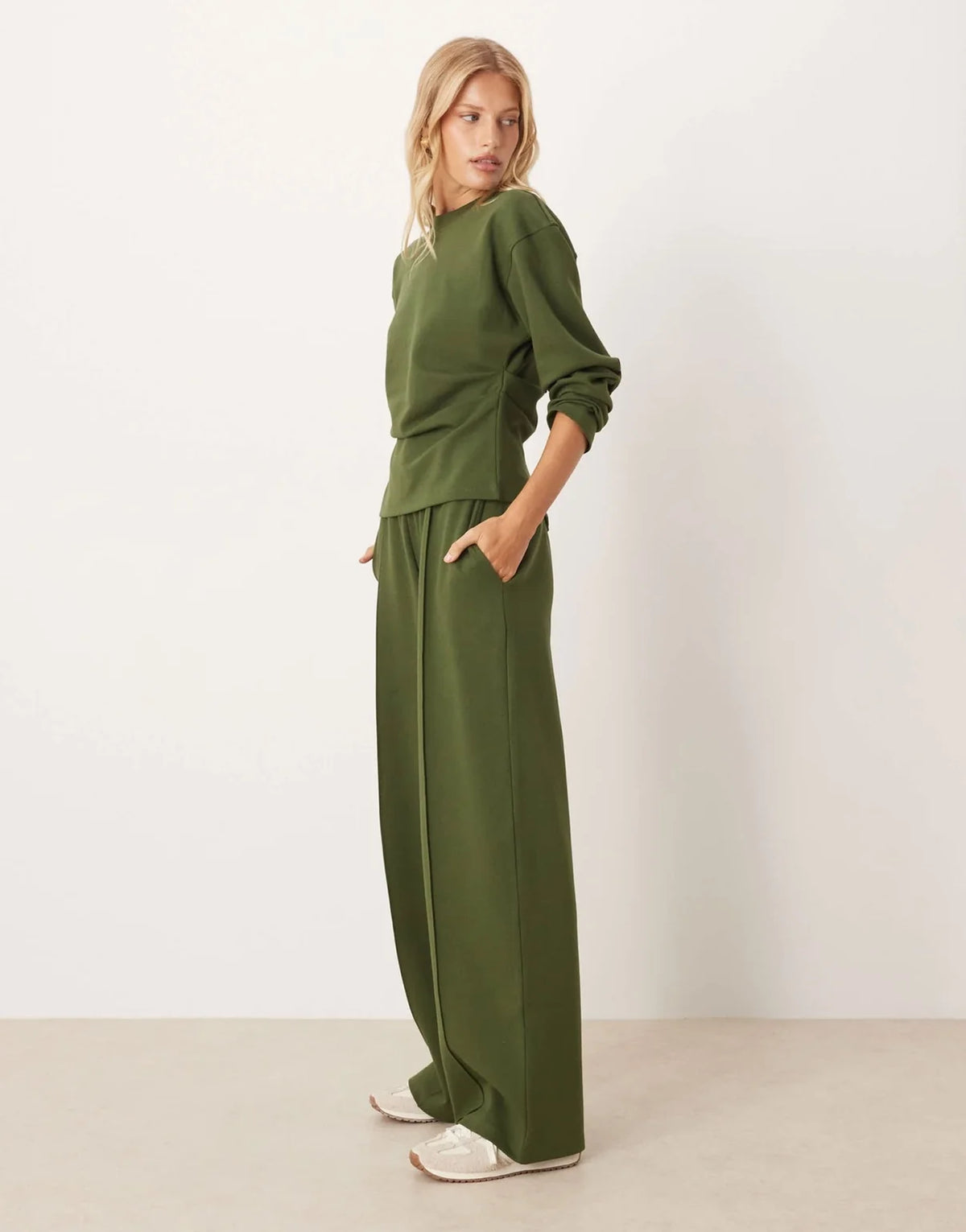 ASOS DESIGN co-ord interlock wide leg trouser in khaki