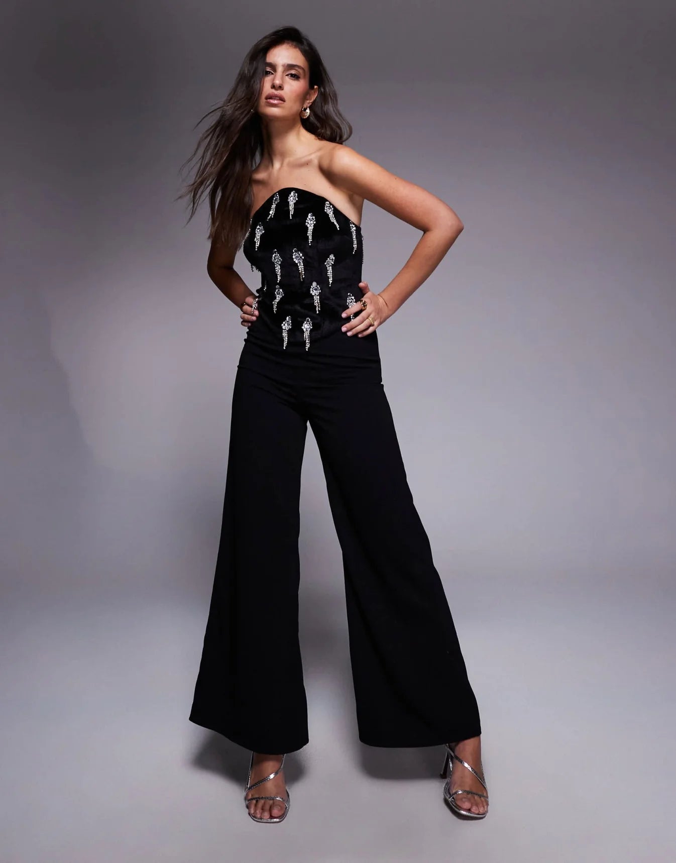 ASOS DESIGN corset embellished bodice jumpsuit with tailored trouser in black
