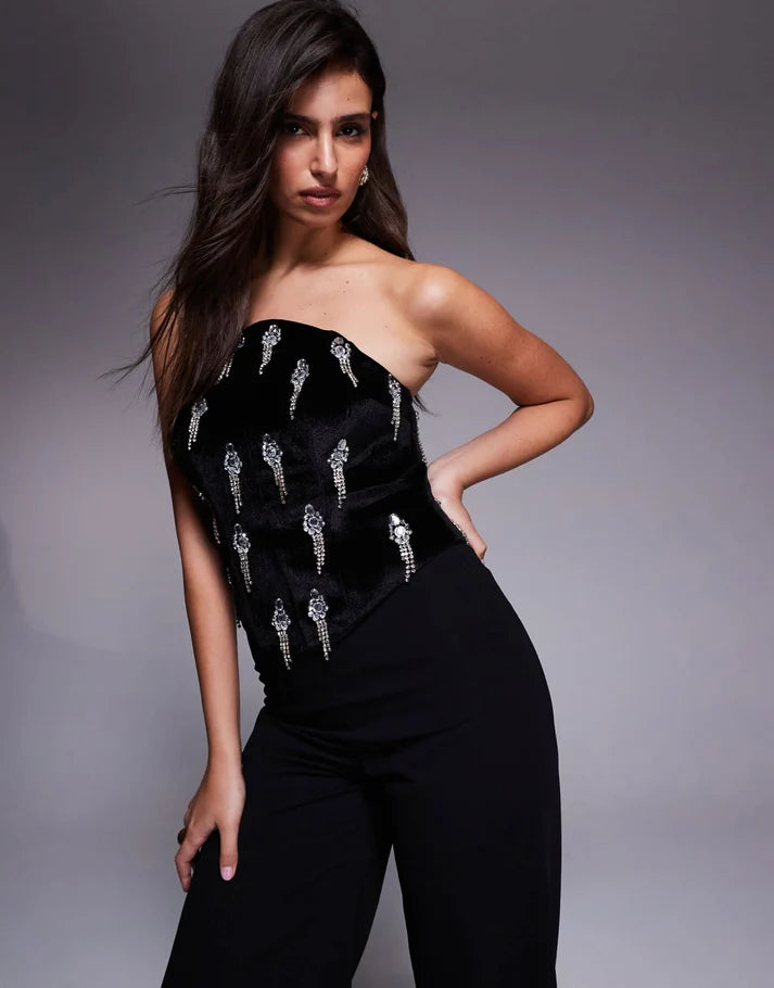 ASOS DESIGN corset embellished bodice jumpsuit with tailored trouser in black