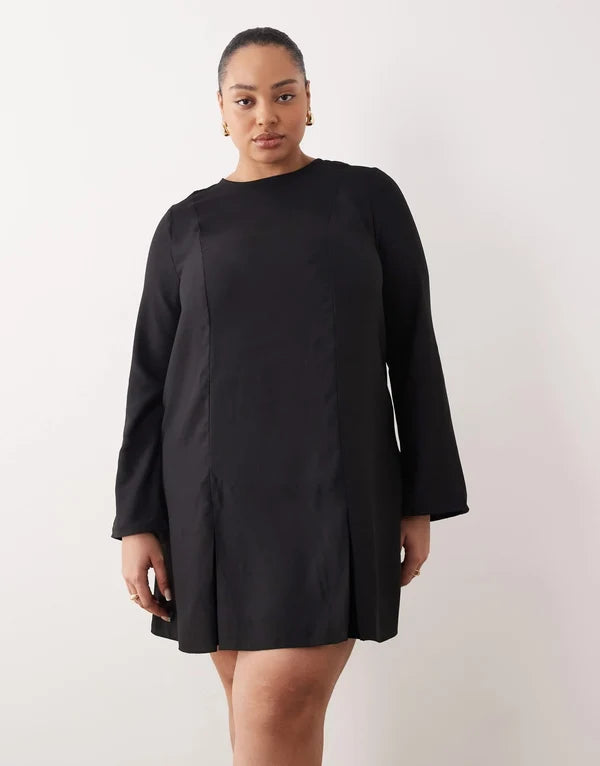 ASOS DESIGN Curve long sleeve godet mini dress in black