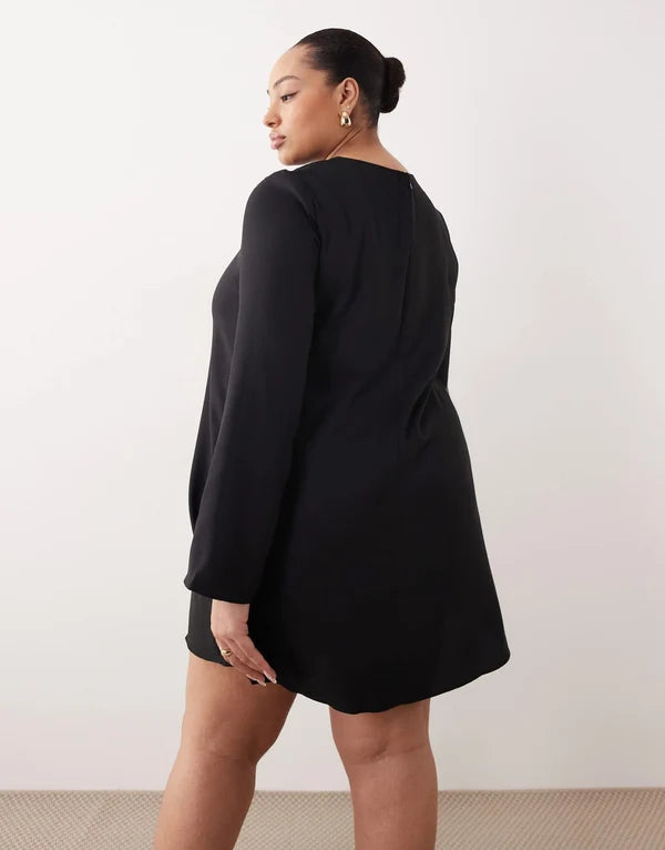 ASOS DESIGN Curve long sleeve godet mini dress in black