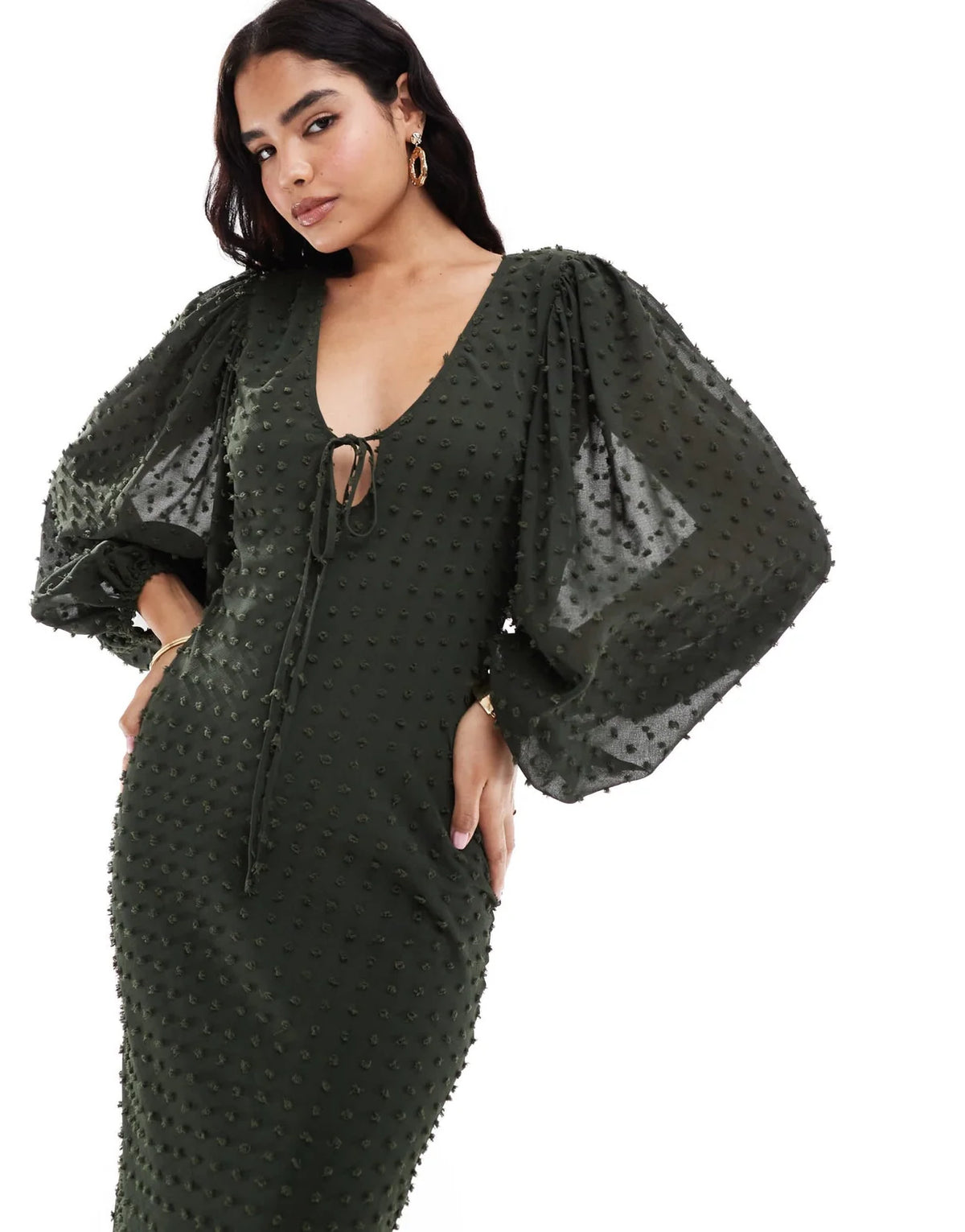 ASOS DESIGN dobby balloon sleeve midi dress in dark green