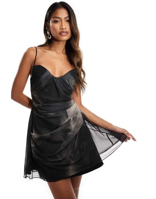 ASOS DESIGN foam manipulated mesh bra mini dress in dark marble print