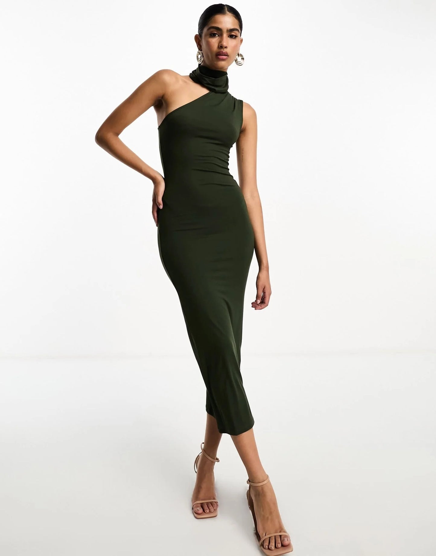 ASOS DESIGN halter shoulder midi dress in khaki