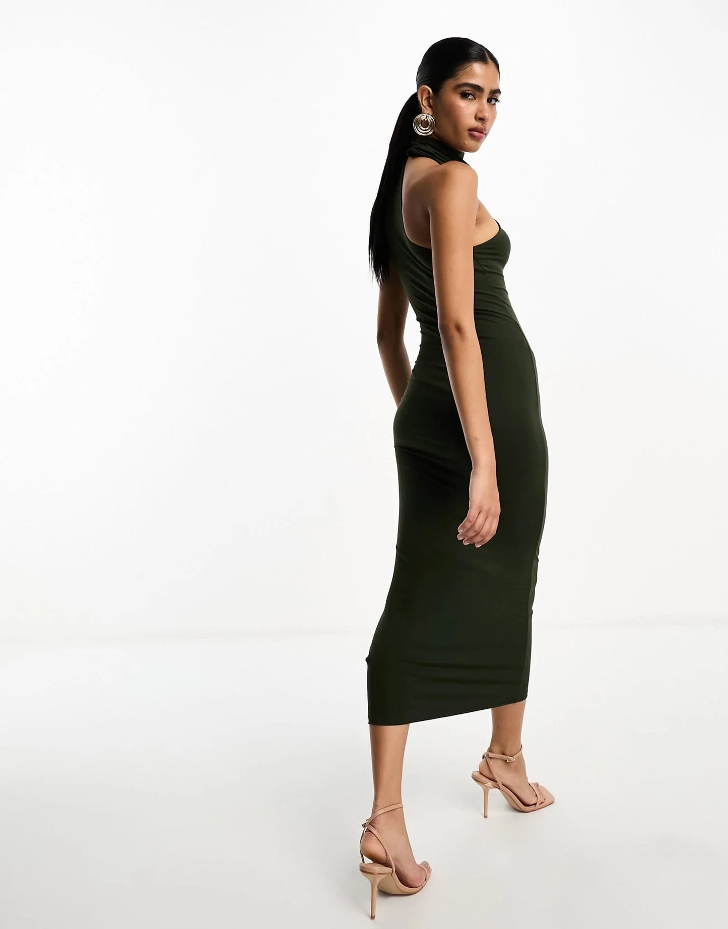 ASOS DESIGN halter shoulder midi dress in khaki