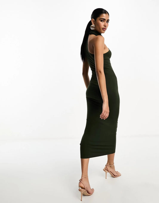 ASOS DESIGN halter shoulder midi dress in khaki