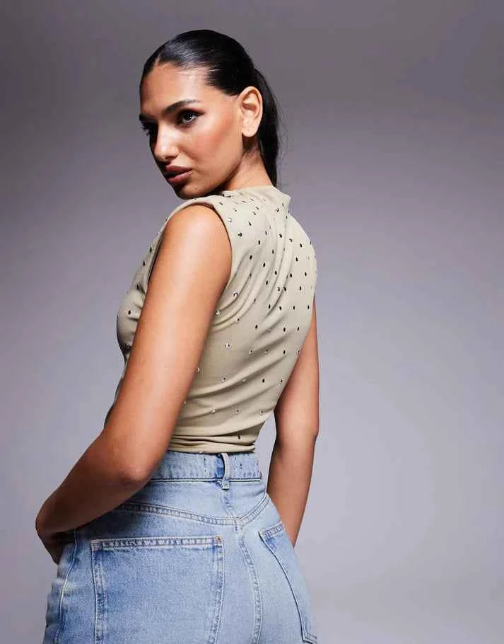ASOS DESIGN high neck hotfix stud bodysuit in light khaki
