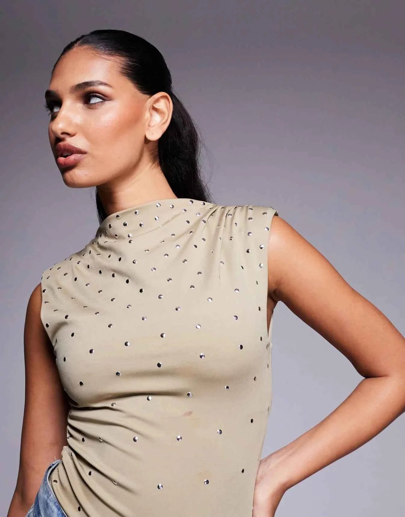 ASOS DESIGN high neck hotfix stud bodysuit in light khaki
