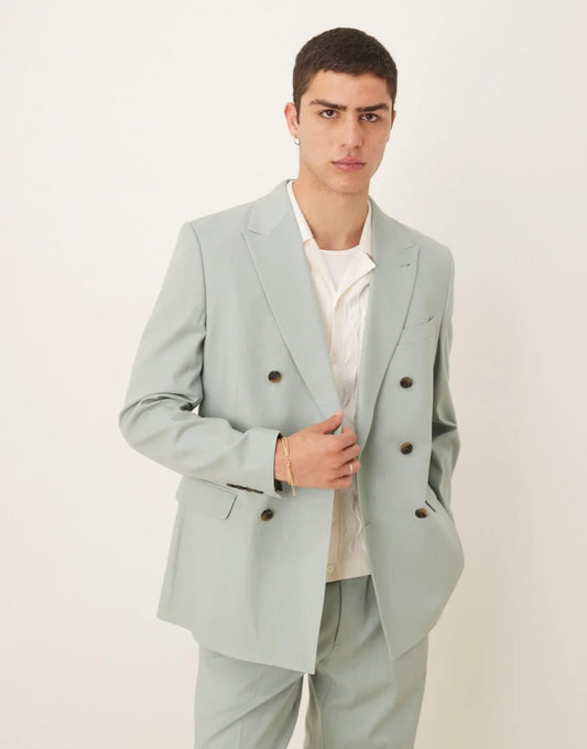 ASOS DESIGN linen blend double breasted regular suit jacket in green