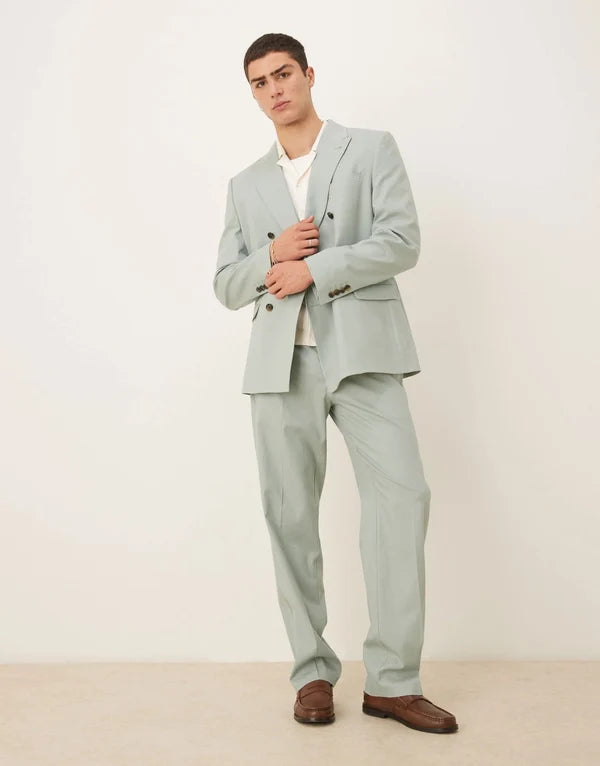 ASOS DESIGN linen blend double breasted regular suit jacket in green