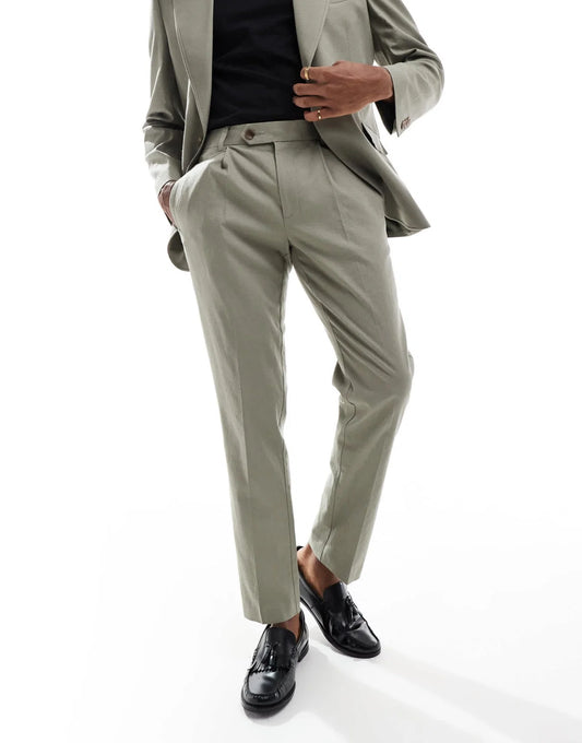 ASOS DESIGN linen blend slim suit trousers in khaki