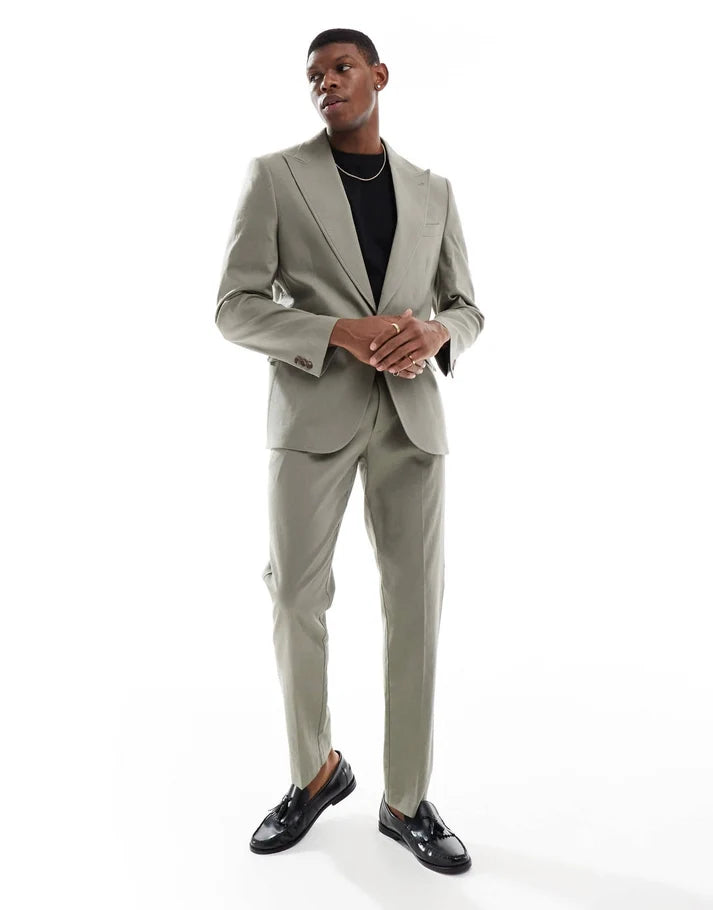 ASOS DESIGN linen blend slim suit trousers in khaki