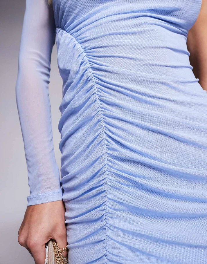 ASOS DESIGN Petite mesh one sleeve asymmetric midi dress with channelled strap detail in pale blue