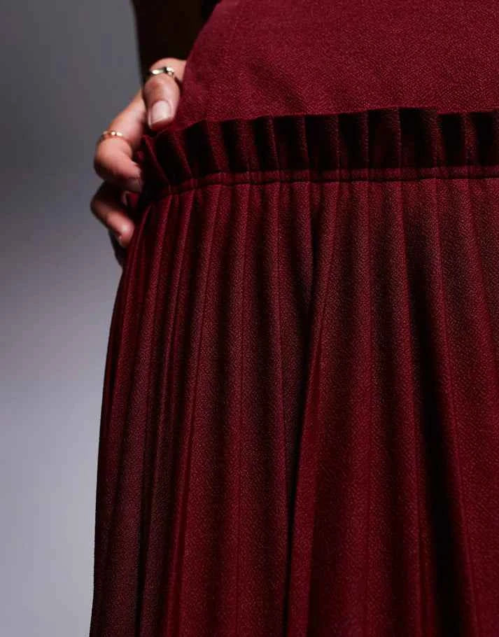 ASOS DESIGN Petite square neck pleated maxi dress with dropped waist in wine