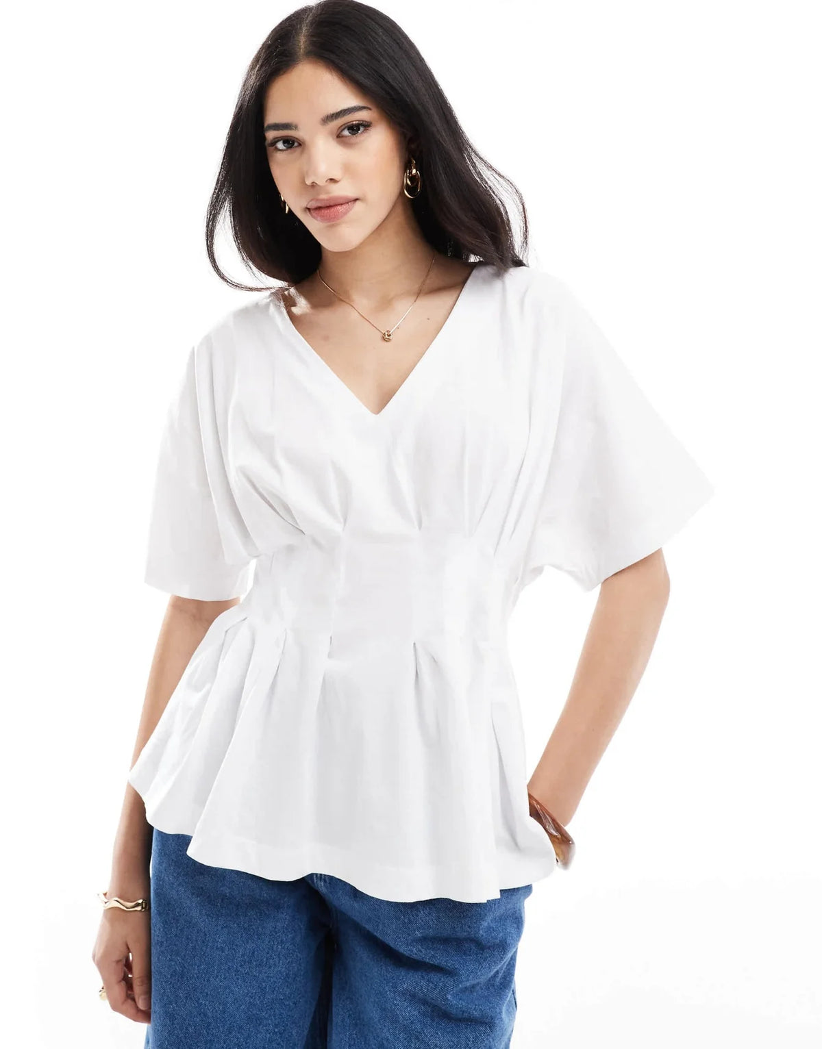 ASOS DESIGN pleated v-neck blouse in white