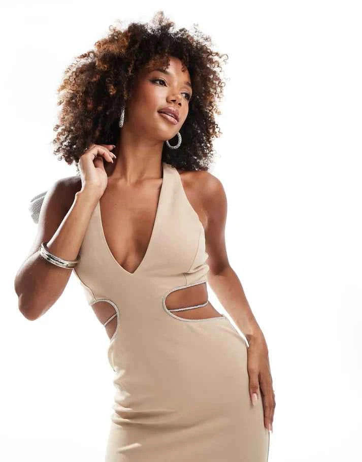 ASOS DESIGN plunge diamante trim cut out midi dress in mocha