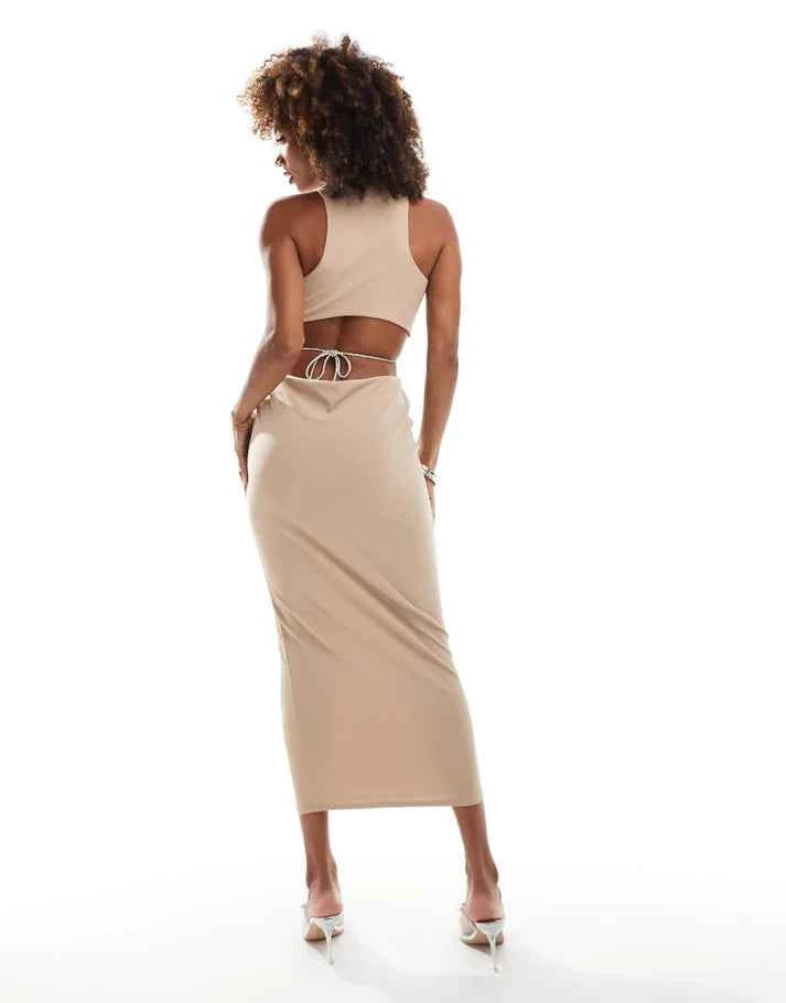 ASOS DESIGN plunge diamante trim cut out midi dress in mocha