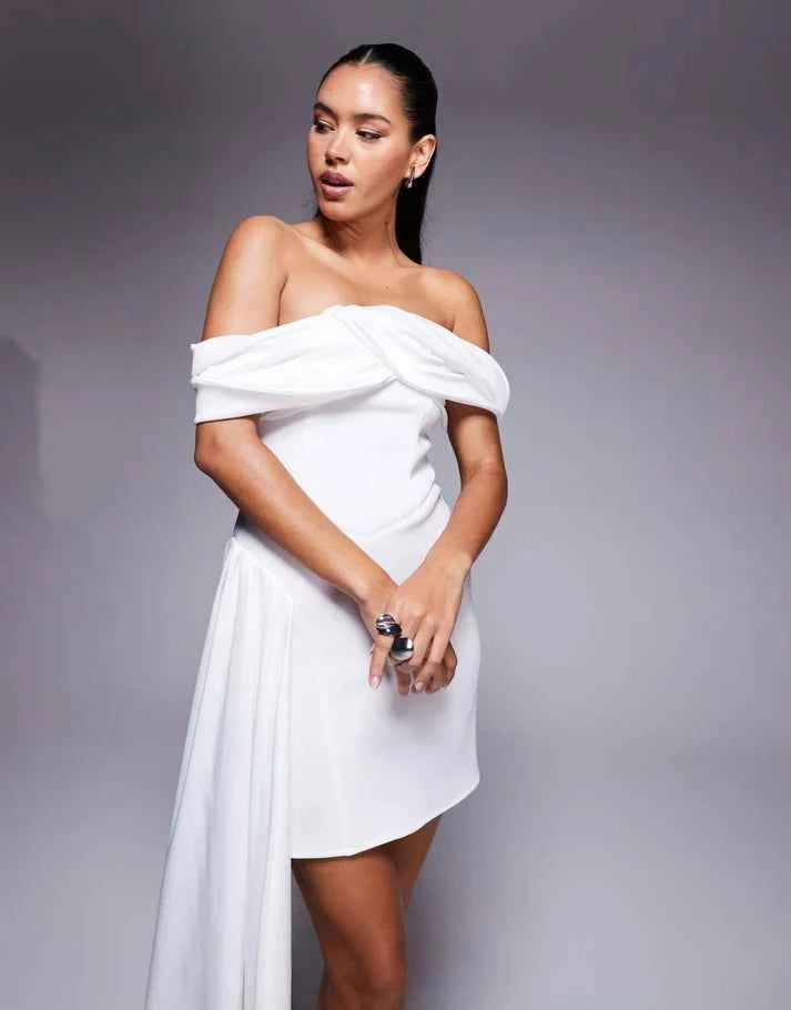 ASOS DESIGN Premium fold over bardot mini dress with sash detail in white scuba-style fabric