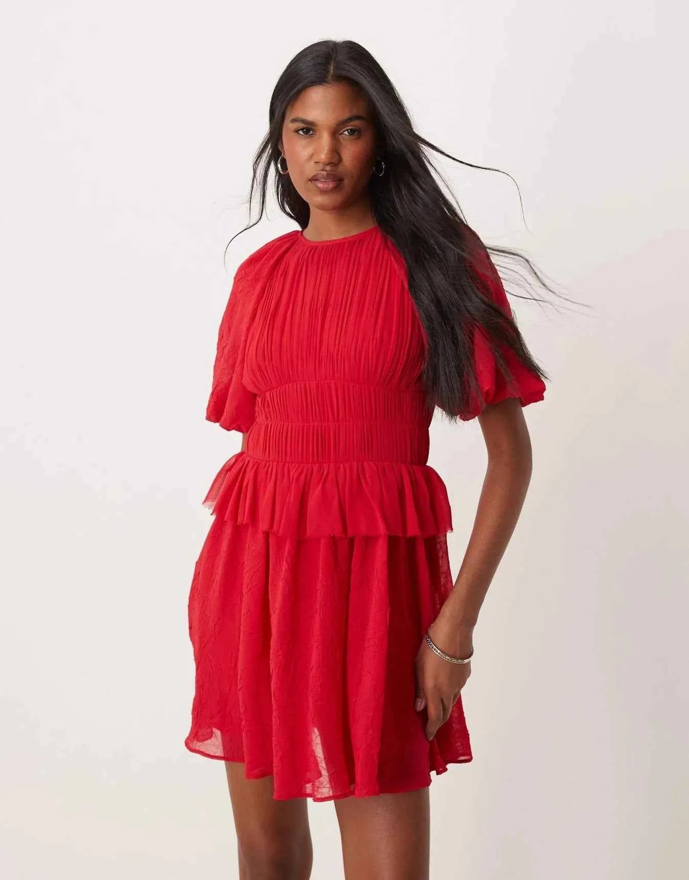 ASOS DESIGN puff sleeve mini dress with gauged waist in red