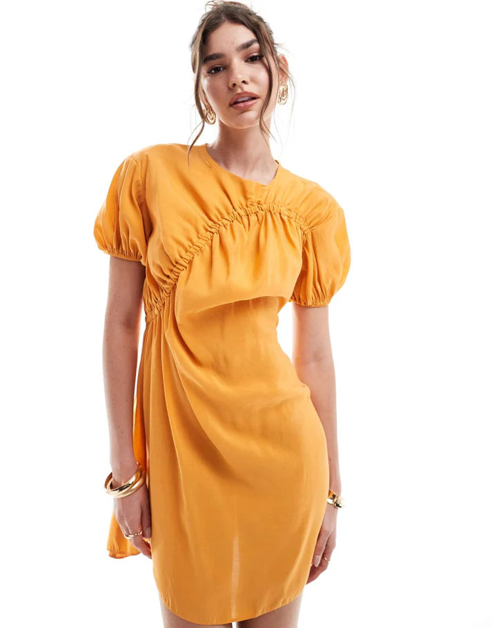 ASOS DESIGN puff sleeve mini smock dress with ruching detail in copper
