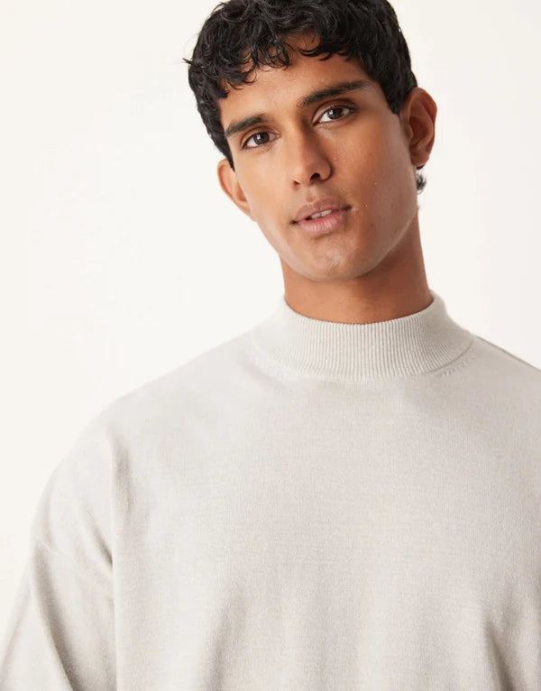 ASOS DESIGN relaxed long sleeve knitted turtle neck t-shirt in light grey marl