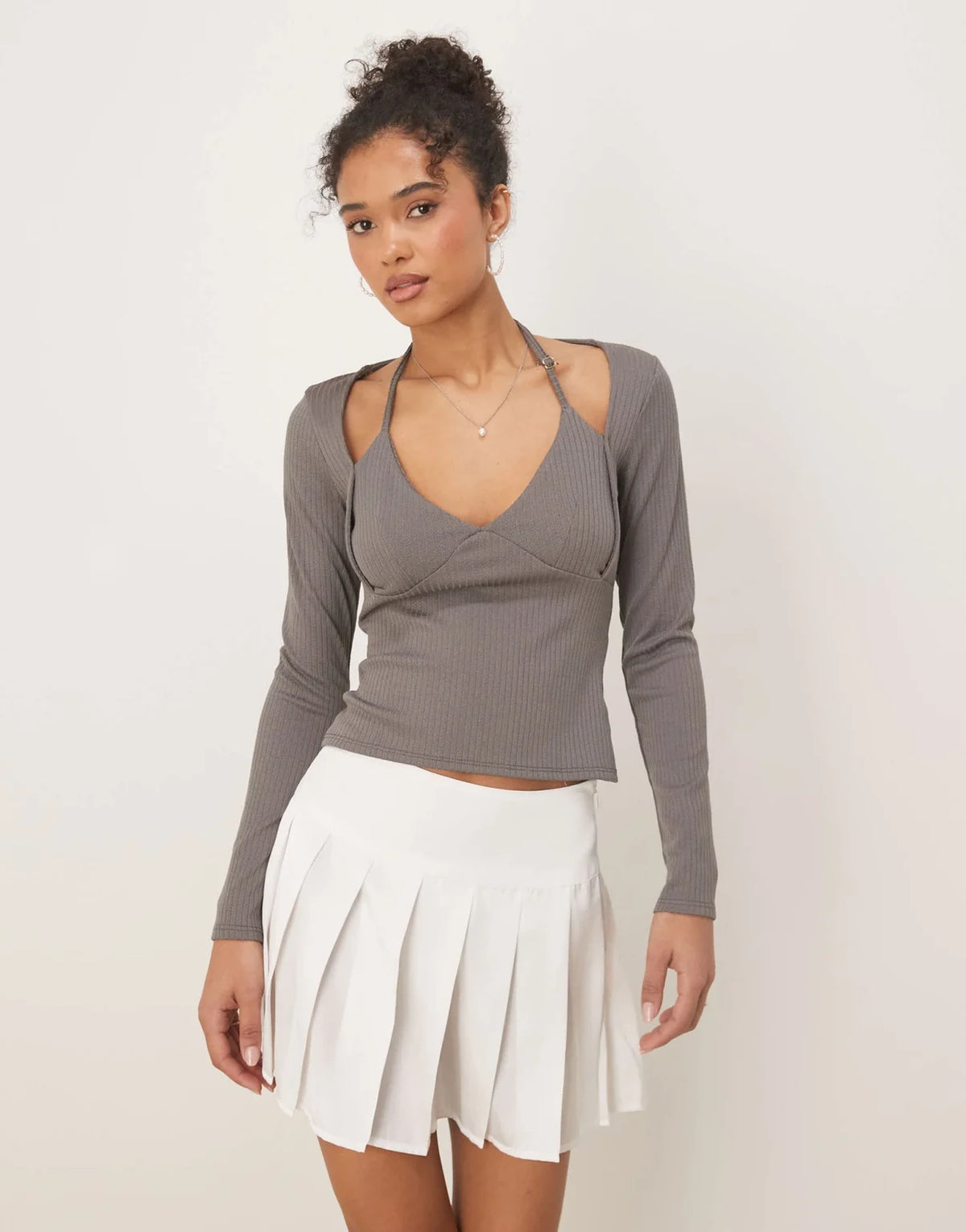 ASOS DESIGN rib halter neck long sleeve top in grey