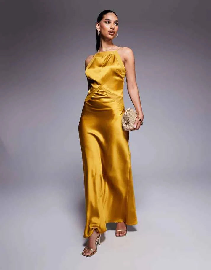 ASOS DESIGN satin chiffon mix square high neck maxi dress in gold