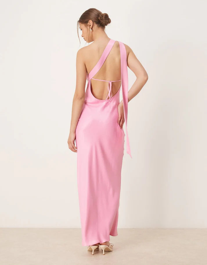 ASOS DESIGN satin one shoulder maxi dress in pink